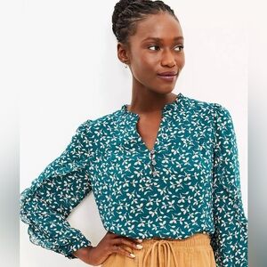 LOFT Teal and tan Leaf Print Blouse body lined sleeves sheer delicate ruffle L